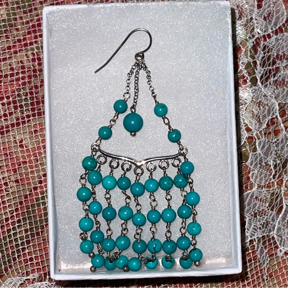 Sterling Silver Earrings, Chandelier Style, Turquoise Type Beads - Picture 2 of 4